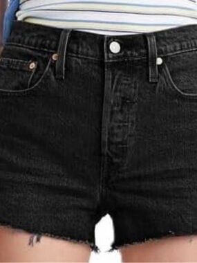 Levi's Black Denim 501 High Rise Jean Shorts with Tan Patch 32”